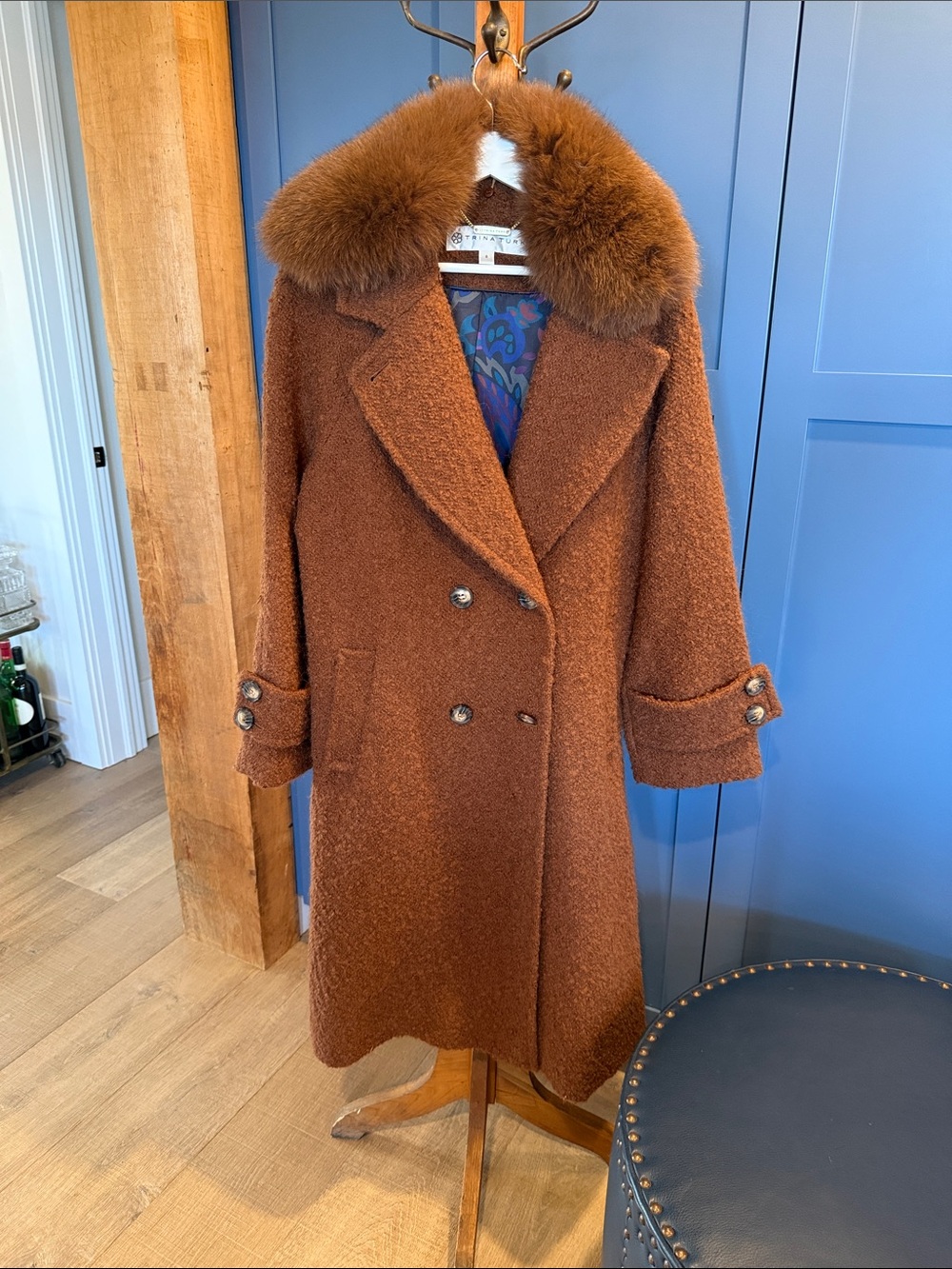Trina Turk Rust Brown Double-Breasted Fur Collar Pea Coat
